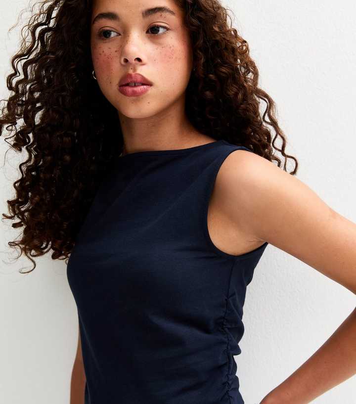 Girls Navy Cotton Ruched Slash Neck Vest