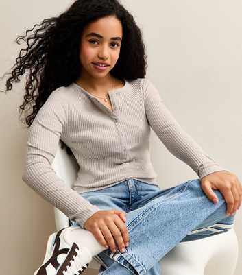 Girls Oatmeal Ribbed Button Front Long Sleeve Top