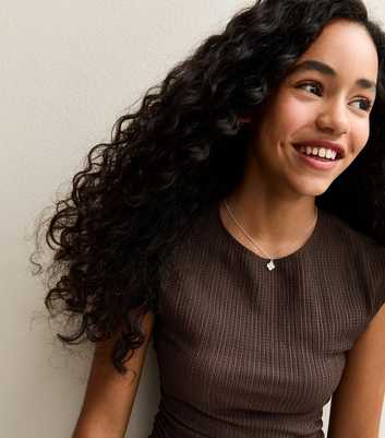 Girls Dark Brown Textured Jersey Ruched Side Asymmetric Top