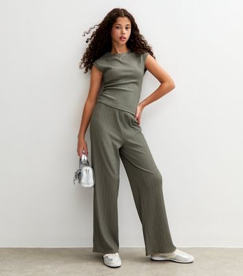 Girls Khaki Textured Jersey Ruched Side Asymmetric Top | New Look