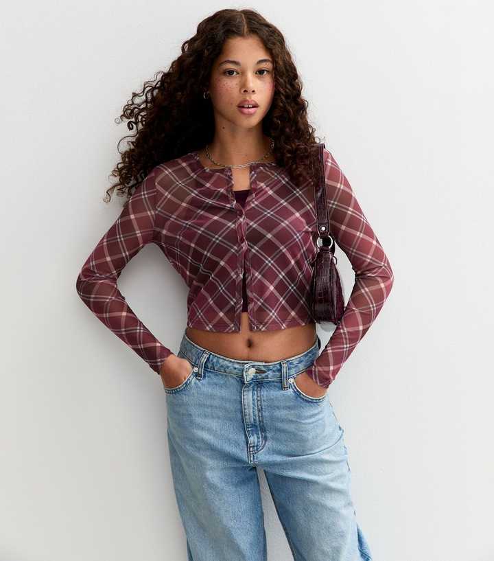 Girls Pink Mesh Jersey Check Cardigan
