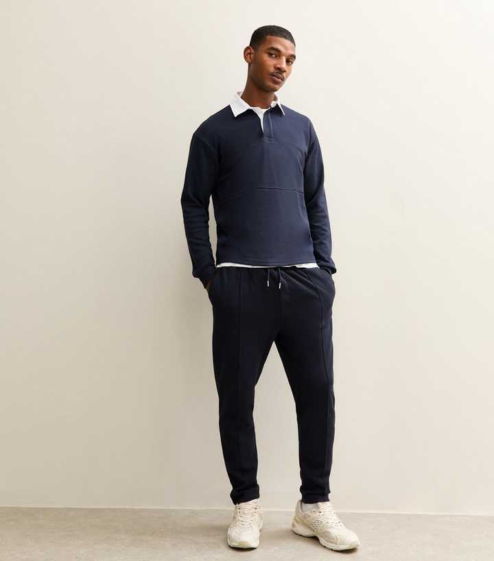 Navy Pique Jersey Pintuck Tapered Leg  Regular Fit Joggers