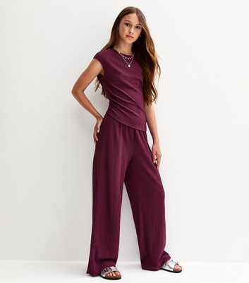 Girls Dark Burgundy Textured Jersey Wide Leg Trousers