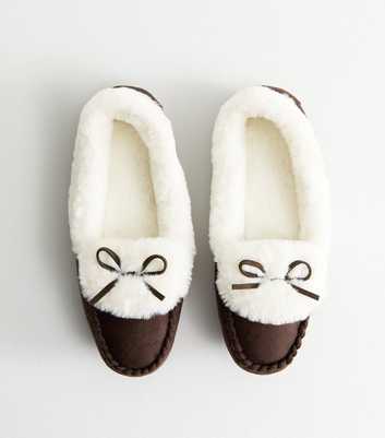 Brown Bow Detail Faux Fur Lined Moccasin Slippers
