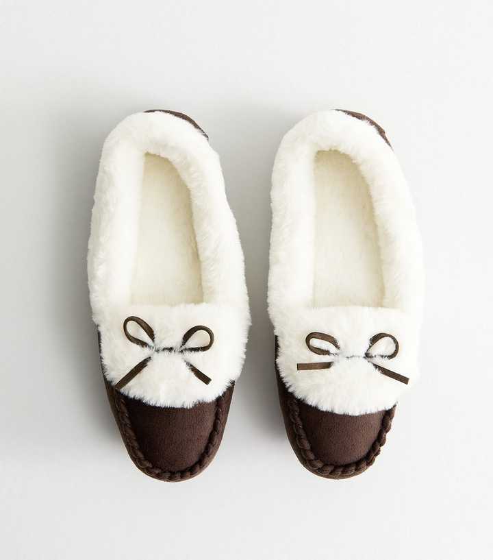 Brown Bow Detail Faux Fur Lined Moccasin Slippers