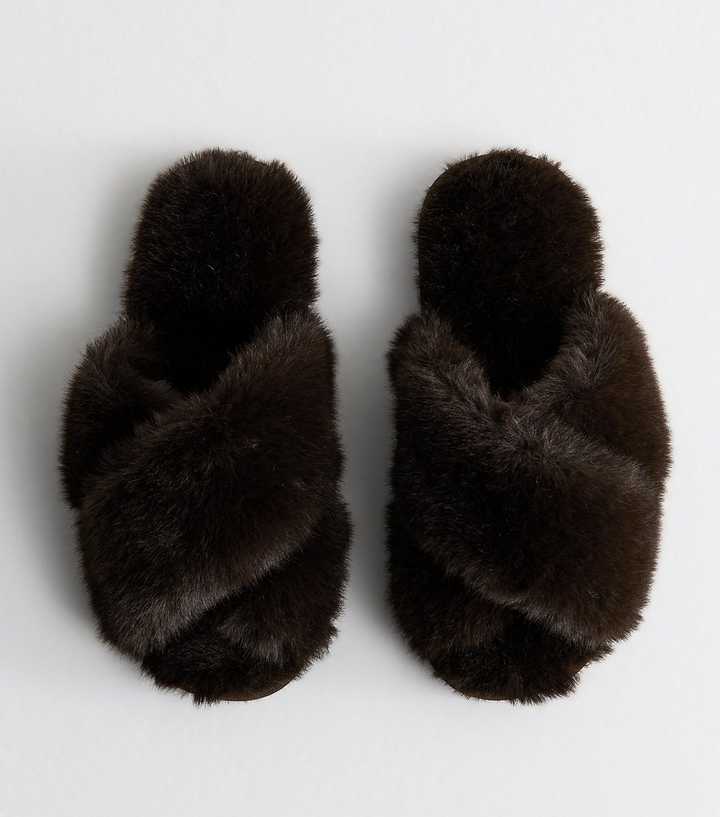 Brown Faux Fur Cross Slippers