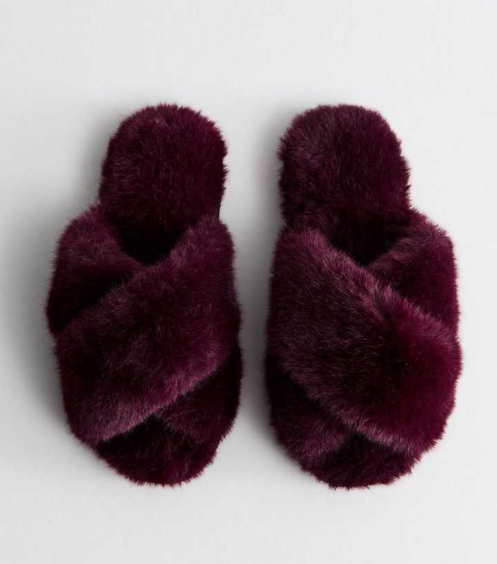 Burgundy  Faux Fur Cross Slippers