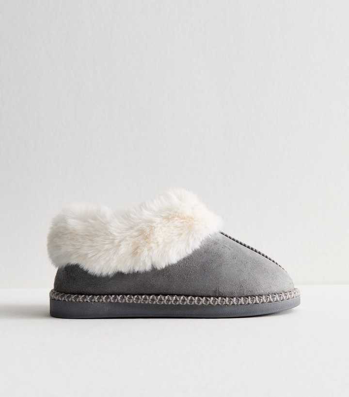 Grey Faux Suede and Faux Fur Trim Slipper Boots