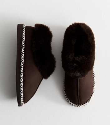 Brown Faux Suede and Faux Fur Trim Slipper Boots