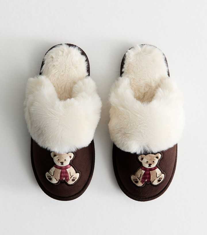Brown Teddy Bear Applique Mule Slippers
