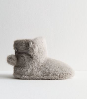 Grey Faux Fur Slipper Boots New Look