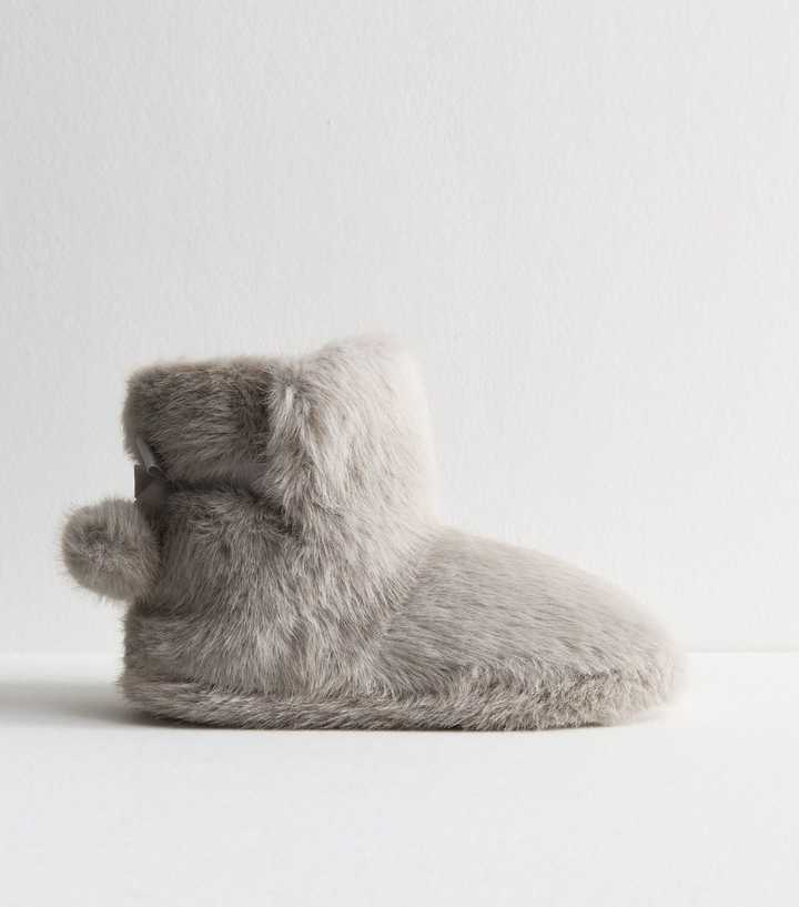Grey Faux Fur Slipper Boots