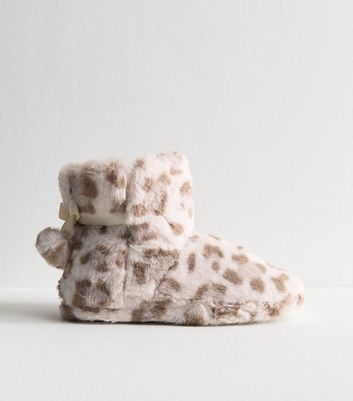 Cream Animal Print Faux Fur Slipper Boots