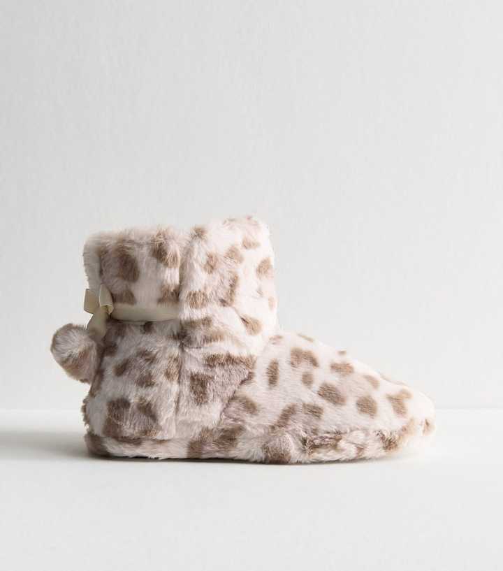 Cream Animal Print Faux Fur Slipper Boots