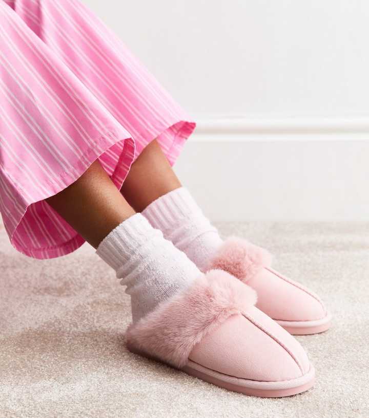Light Pink Faux Suede and Faux Fur Trim Slippers