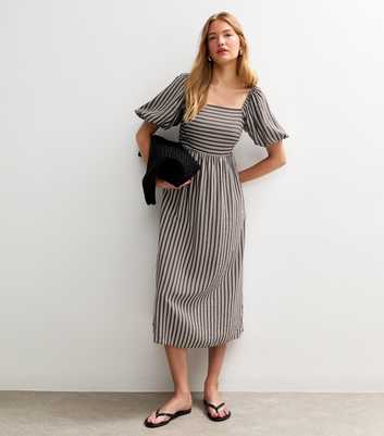 Brown Striped Square Neck Milkmaid Midi Dress