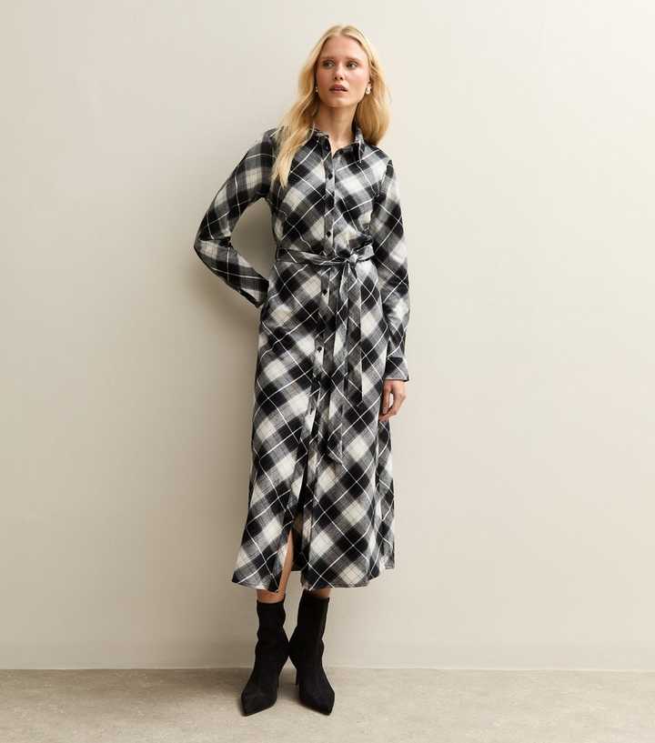 knee length dresses for ladies Gingham Cotton-Linen Midi Shirt Dress with Pockets and Gentle Volume  Eva  Trends