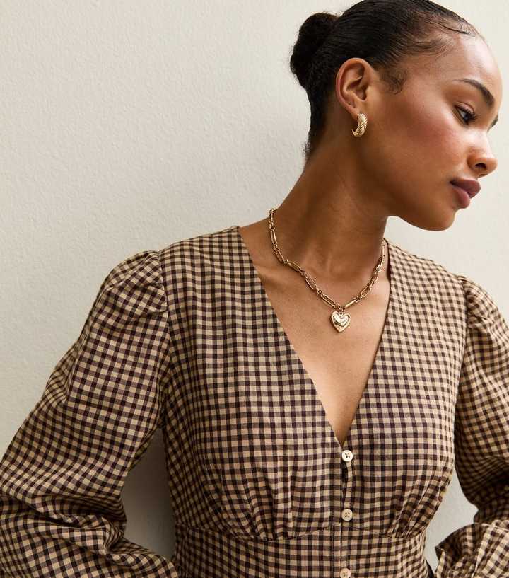 brown check midi dress Petite Checked V-neck Puff Sleeve Size:L (12-14) wnew This dress turns a Women's dresses | Blacks