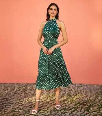 Yumi Green Spot Print Halterneck Satin Midi Dress