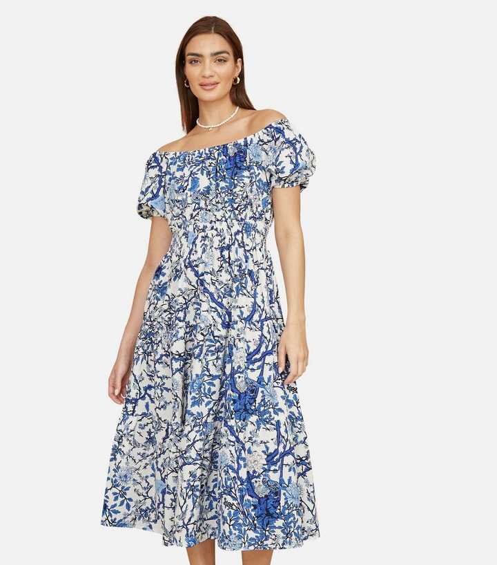 Yumi Blue Floral Print Off Shoulder Midi Dress
