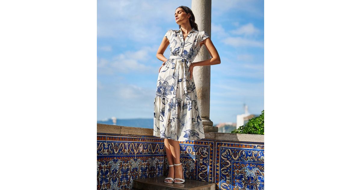Yumi White Floral Print Belted Shirt Dress New Look