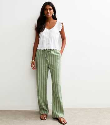 Green Striped Wide Leg Trousers