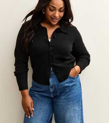 Curves Black Knit Collared Cardigan