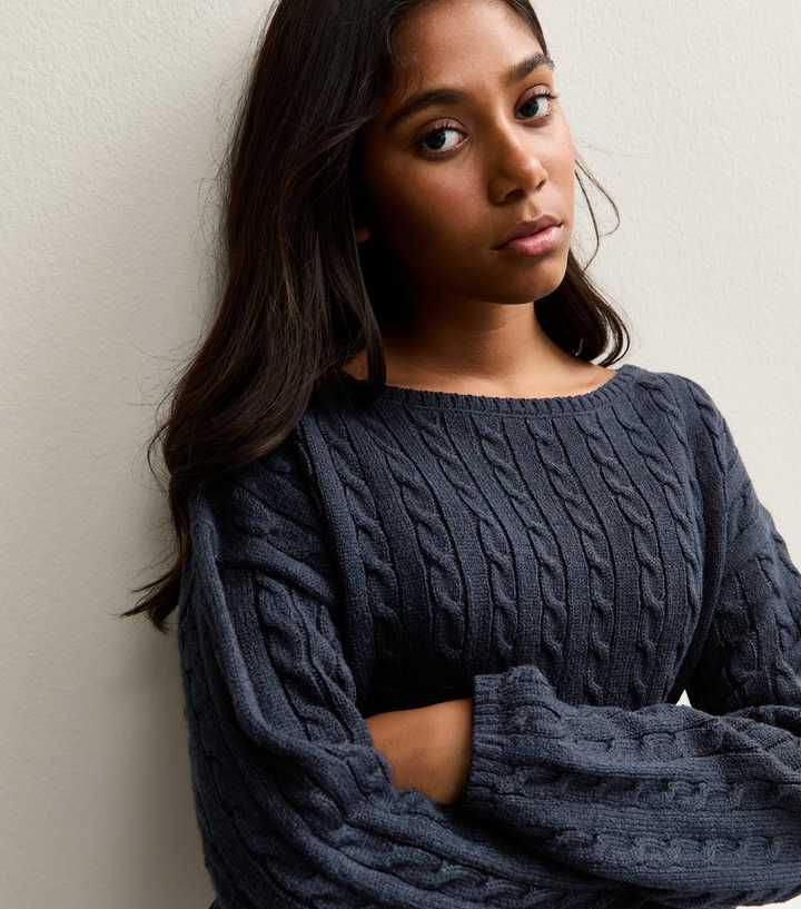 Girls Navy Cable Knit Jumper