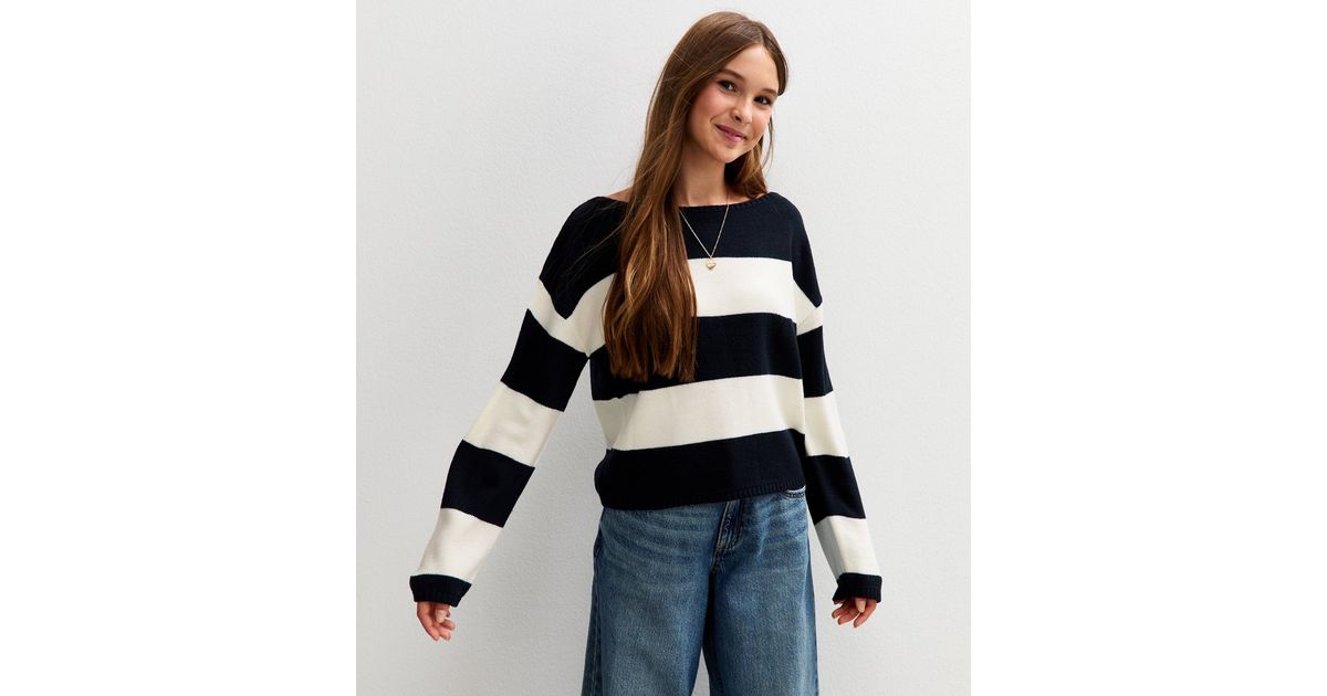 Girls Navy and White Striped Slash Neck Jumper | New Look