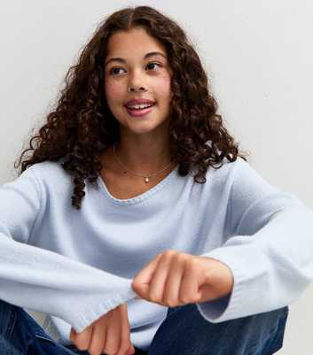 Girls Light Blue Slash Neck Jumper