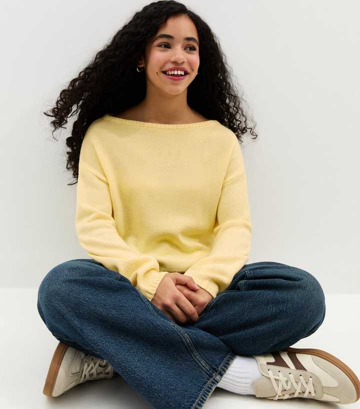 Girls Light Yellow Slash Neck Jumper