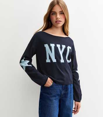 Girls Navy NYC Logo Slash Neck Jumper