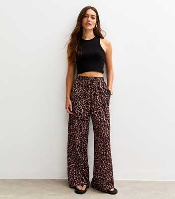 Petite Brown Leopard Print Textured Wide Leg Trousers