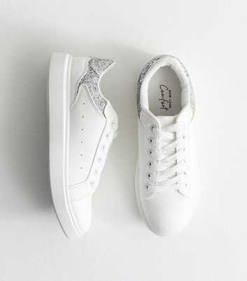 White Glitter Panel Faux Leather Trainers