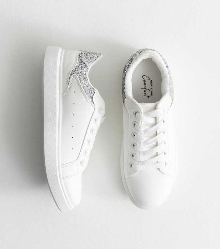 White Glitter Panel Faux Leather Trainers