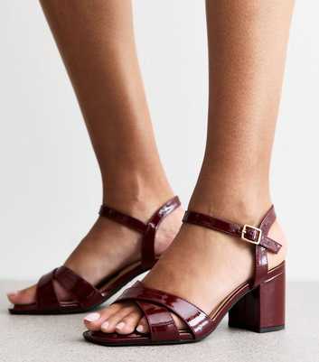 Wide Fit Dark Burgundy Faux Patent Leather Block Heel Sandals