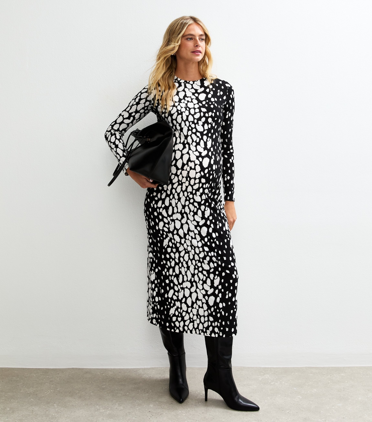 New Look Women's Black Pattern Maternity Black Abstract Pattern Long Sleeve Midi Dress
