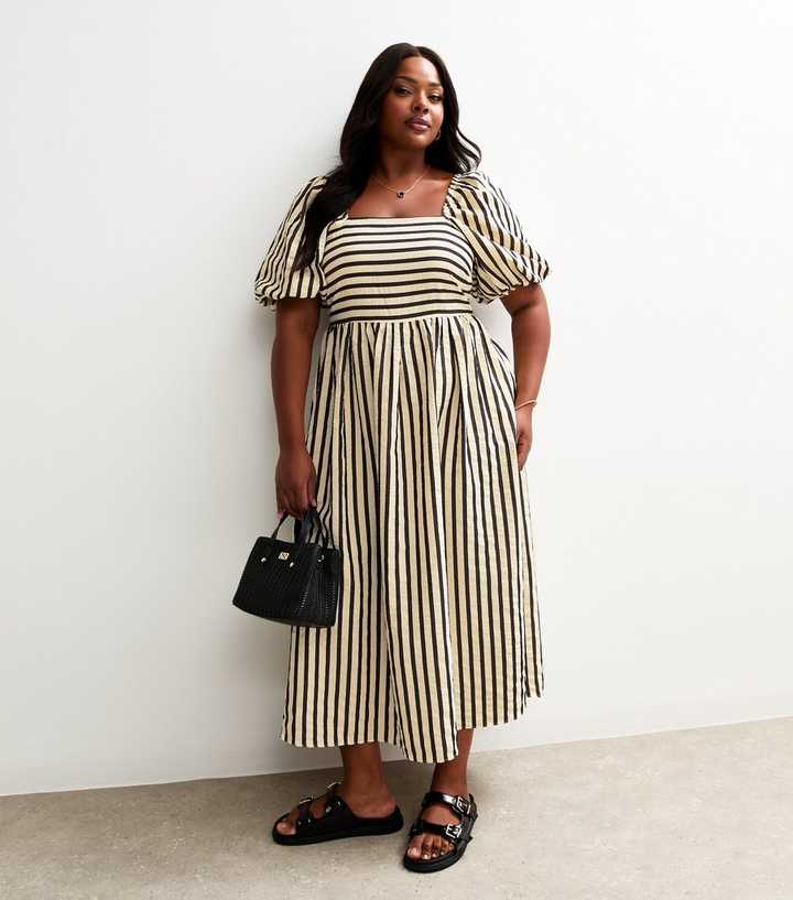 Curves Cream Stripe Print Puff Sleeve Milkmaid Textured Midi Dress