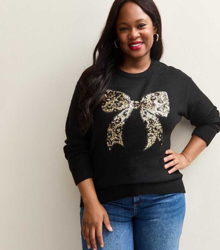 Curves Black Sequin Leopard Bow Embellished Jumper