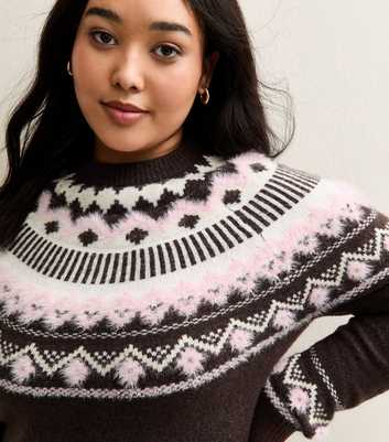 Curves Brown Fluffy Fairisle Jumper