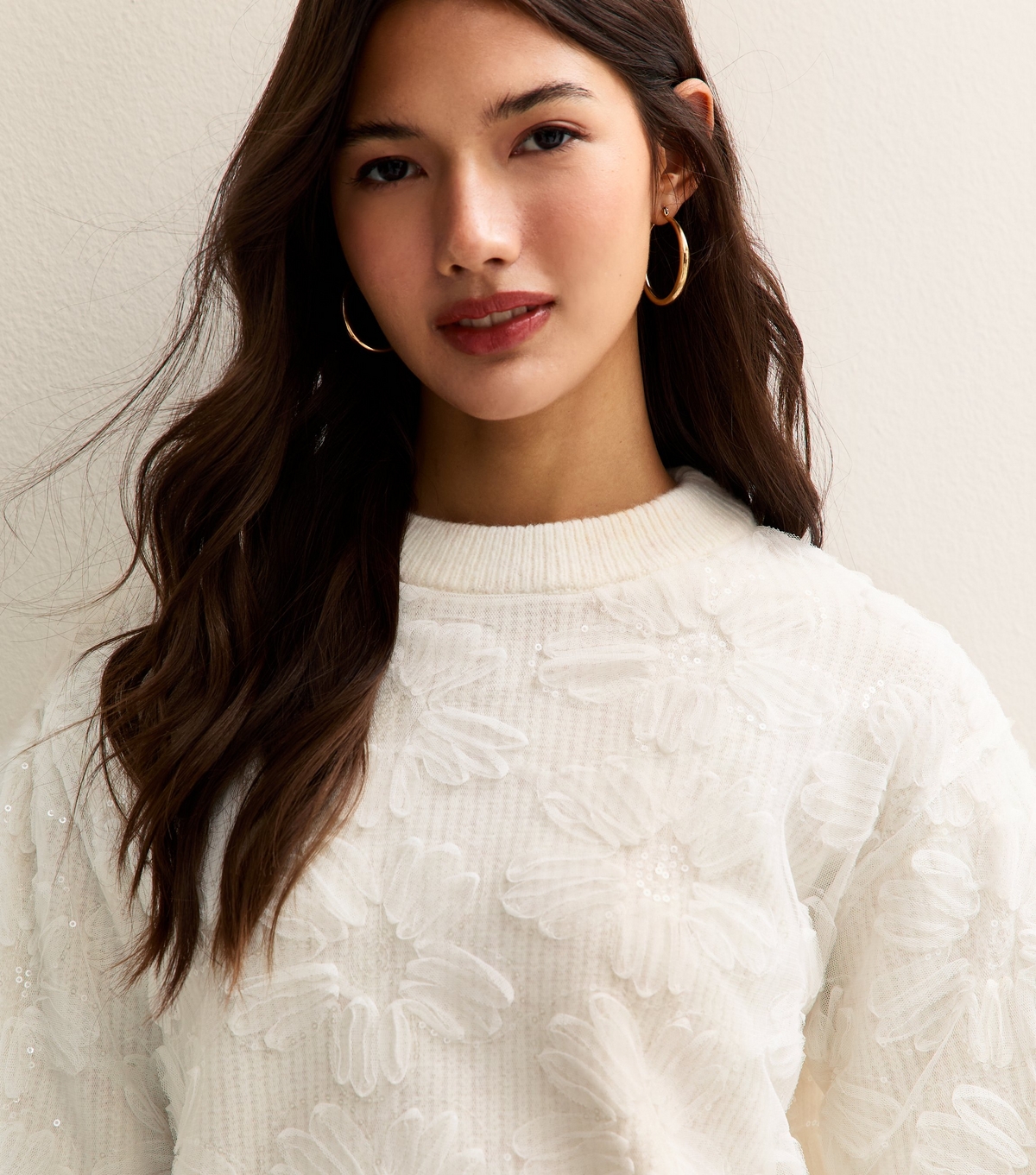 New Look Women's Cream Sequin Flower Crew Neck Jumper
