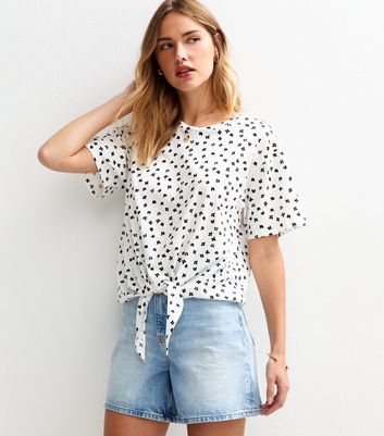 White Pattern Print Tie Front T-Shirt | New Look