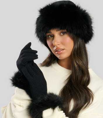 South Beach Faux Fur Black Hat And Glove Set