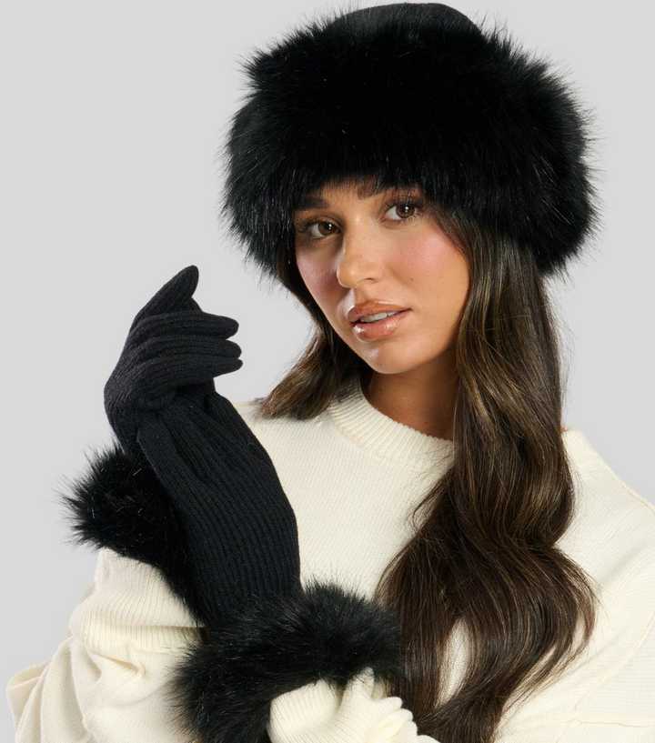 South Beach Faux Fur Black Hat And Glove Set
