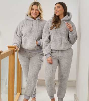 Loungeable Light Grey Borg Hoodie And Jogger Lounge Set