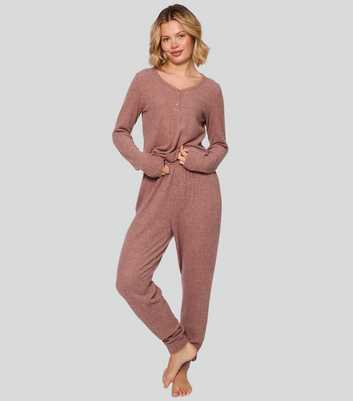 Loungeable Brown Super Soft Brushed Rib Buttoned Lounge Set