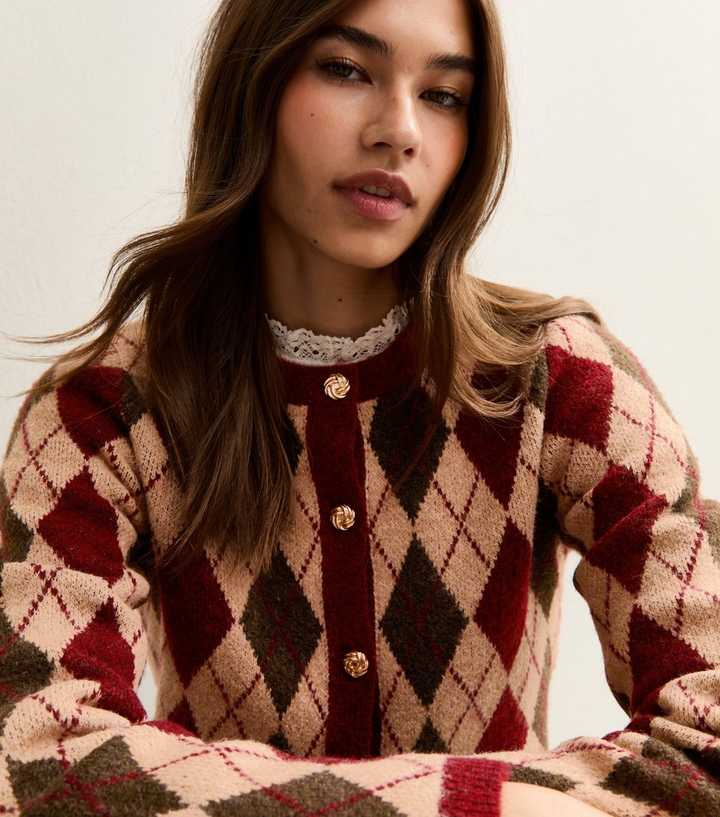 Red Argyle Long Sleeve Knit Cardigan
