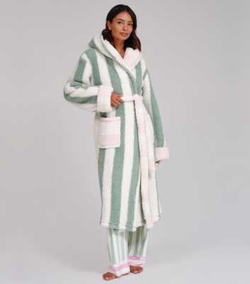 Loungeable Green Borg Striped Hooded Dressing Gown