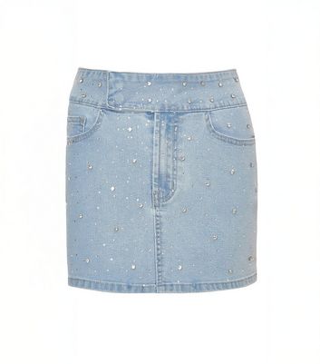 Quiz Light Blue Denim Diamante Embellished Skirt New Look