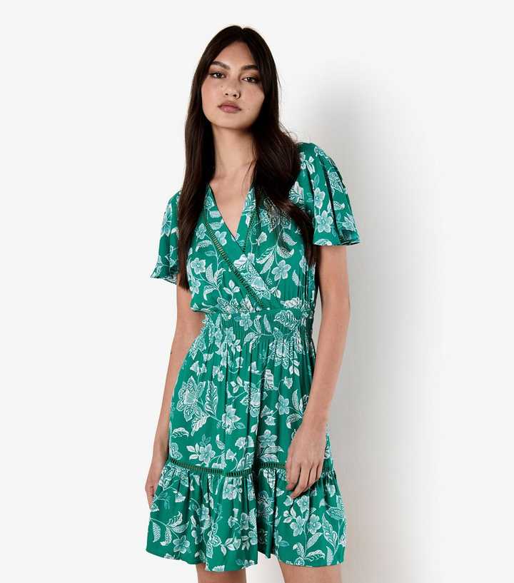 Apricot Green Floral Print Wrap Mini Dress